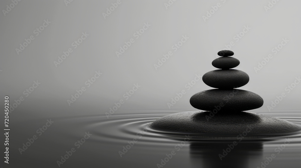 Black and white photo of zen stones stacked in water with a serene blue background and reflection in water.