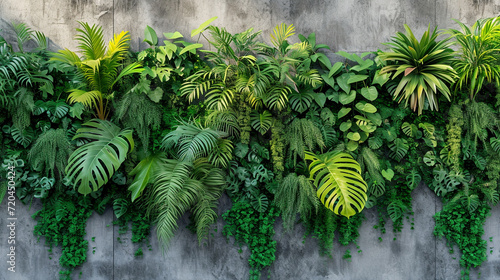 A vertical garden on a concrete wall featuring a variety of tropical plants and palms Background blank concrete wall transforming into a green living tapestry Colors diverse shades of green, hi