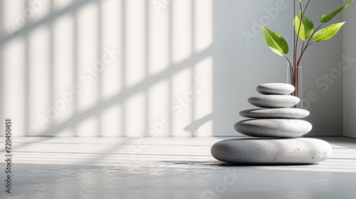 Zen stones stacked with a delicate flower in the corner.