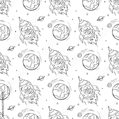 Fototapeta Naklejka Na Ścianę i Meble -  Doodle ufo seamless pattern. Space black and white texture wallpaper for adult and kids with cute alien character, rocket and planets.