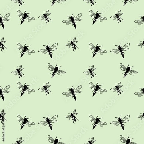 seamless pattern with bees . pattern on a green background insects, black bees and flies. Children's print for clothing and textiles, for printing. © IsaStock