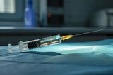 close up horizontal image of a syringe in a medical setting Generative AI