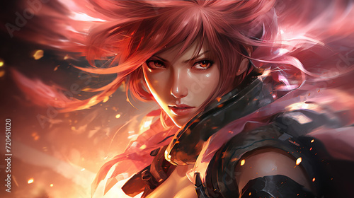 close up horizontal image of a manga style female warrior Generative AI photo