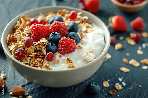 close up horizontal image of a bowl of yogurt with muesli and berries under the morning lights Generative AI