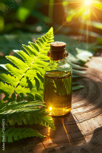 jar with essential oil extract of fern oil on a wooden background