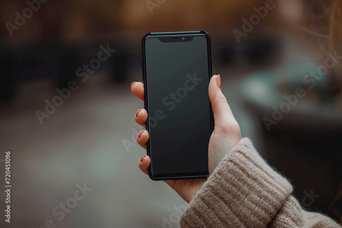 close up horizontal image of a female hand holding a blank scree smartphone Generative AI photo