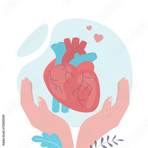World organ donation day, hands holding human heart. Donor human organs anatomic healthy heart. Cardiovascular problem and healthcare.
