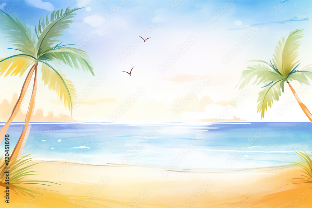 A beach setting with palm trees, golden sun, and blue sea , cartoon drawing, water color style