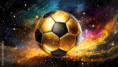 golden football, colorful universe in background