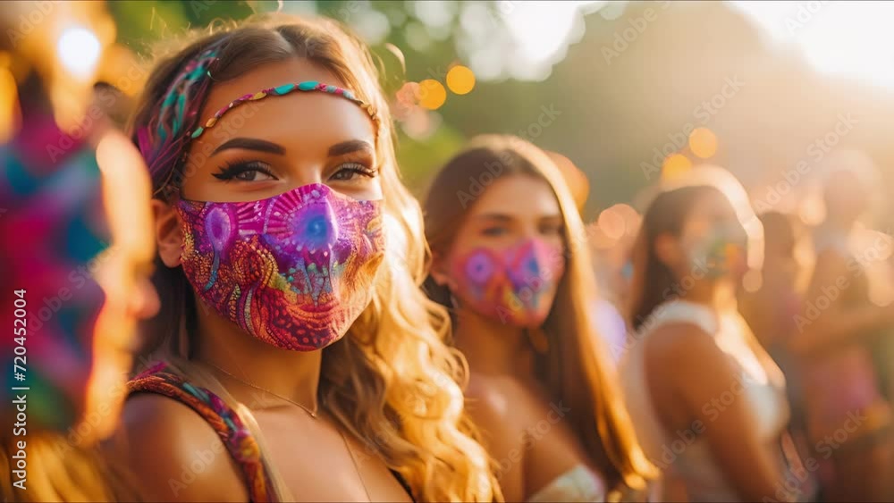 Closeup of a group of friends at a summer festival, each with a unique and colorful face mask. Closeup of a group of friends at a summer festival, each with a unique and colorful face mask.