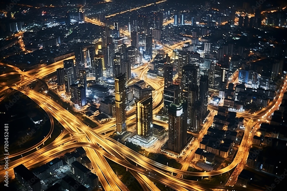 Bustling city intersection at night, vibrant lights and traffic, capturing energetic cityscape Bustling city intersection at night, vibrant lights and traffic, capturing energetic cityscape