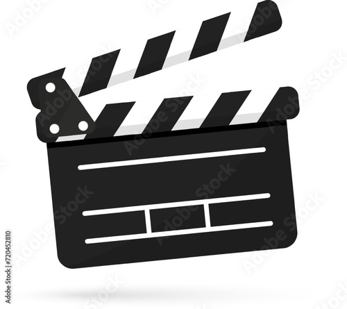Black clapper board icon with button player in flat style. Clapperboard Vector Illustration. Movie Film clapper board. Filmmaking or video movie, cinematography device, film production