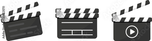 Set of black clapper board icon with button player in flat style. Clapperboard Vector Illustration. Movie Film clapper board. Filmmaking or video movie, cinematography device, film production