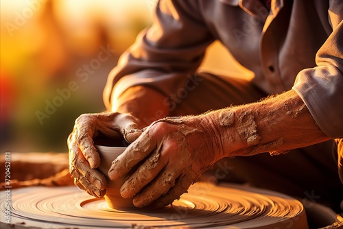 Potter s hands shaping vibrant textured clay in bright natural light photo