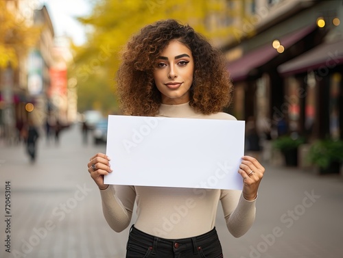 Woman Holding White Sign on City Street
