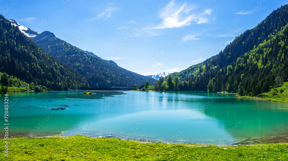 Peaceful landscape of the lake in the mountains