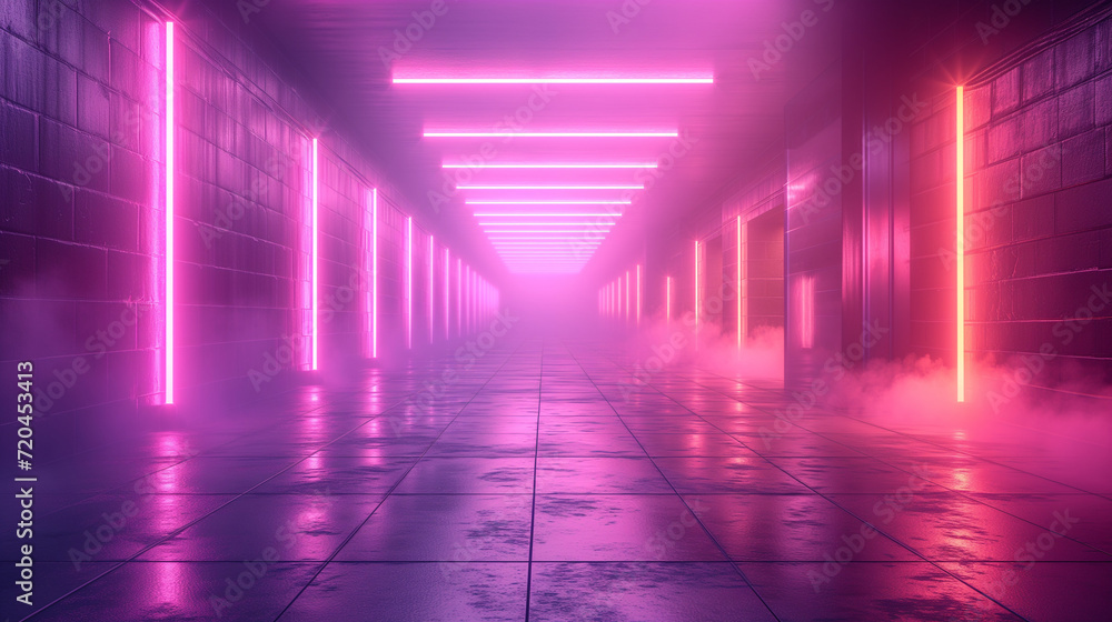 Retrowave Synthwave 3D landscape. VJ visuals in vibrant hues. Futuristic neon aesthetics, 80s-inspired graphic design. A dynamic, nostalgic scene with vibrant colors.
