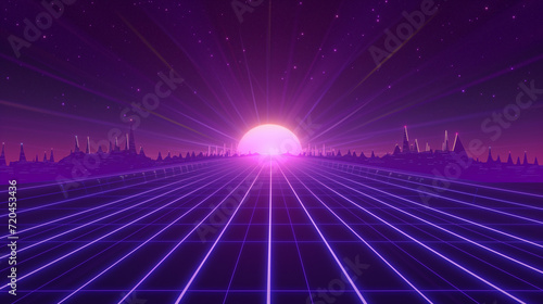 Retrowave Synthwave 3D landscape. VJ visuals in vibrant hues. Futuristic neon aesthetics, 80s-inspired graphic design. A dynamic, nostalgic scene with vibrant colors.