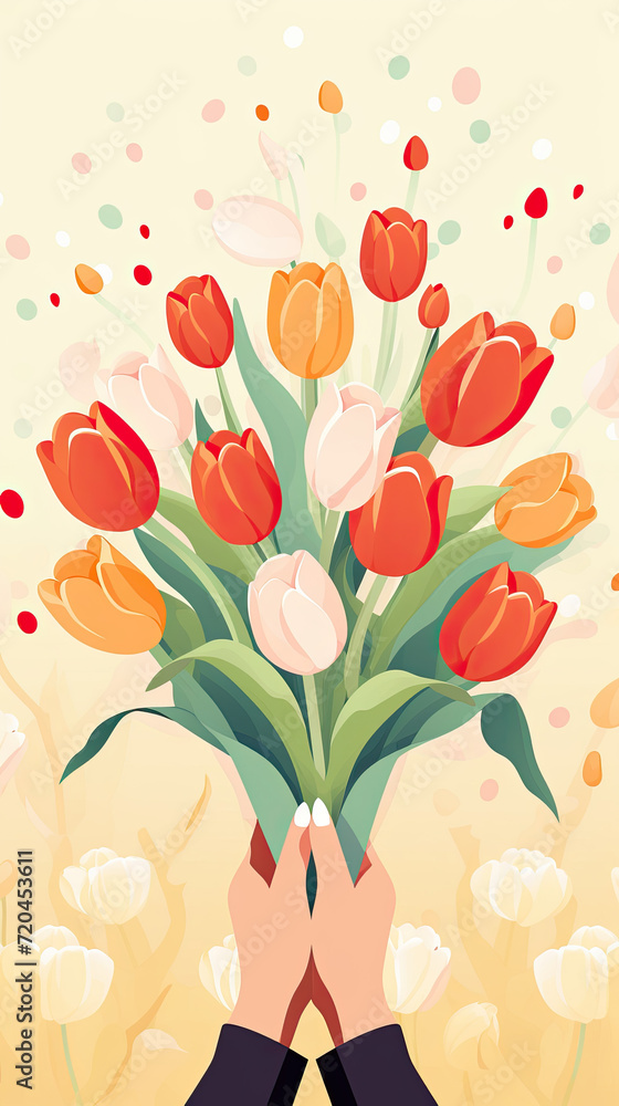 Happy Women's Day, Mother's Day, Woman Holding Tulip Flowers Bouquet, Flat Art Illustration for Valentine's Day, Anniversary, Wedding, Spring Gift Banner