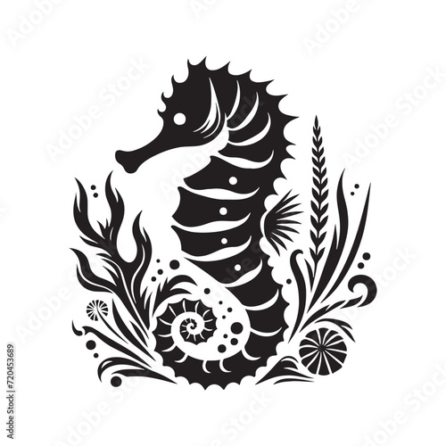 Oceanic Elegance: Seahorse Silhouette Series Evoking the Grace and Beauty of Underwater Life - Seahorse Illustration - Seahorse Vector
