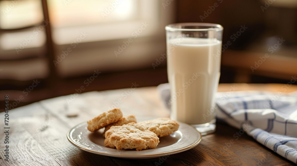 A glass of milk with a homemade biscuit on the side A glass of milk with a homemade biscuit on the side