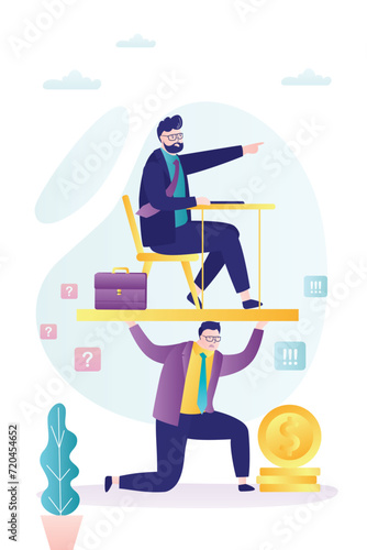Hierarchy in company, bullying and blaming in the office. Worker man trying to complete boss tasks. Business employee carrying boss. Hard work, office day.