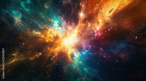 An abstract representation of a starburst or galaxy explosion in deep space Background the vast universe with galaxies and nebulas Colors bright explosion colors against the dark cosmos Created