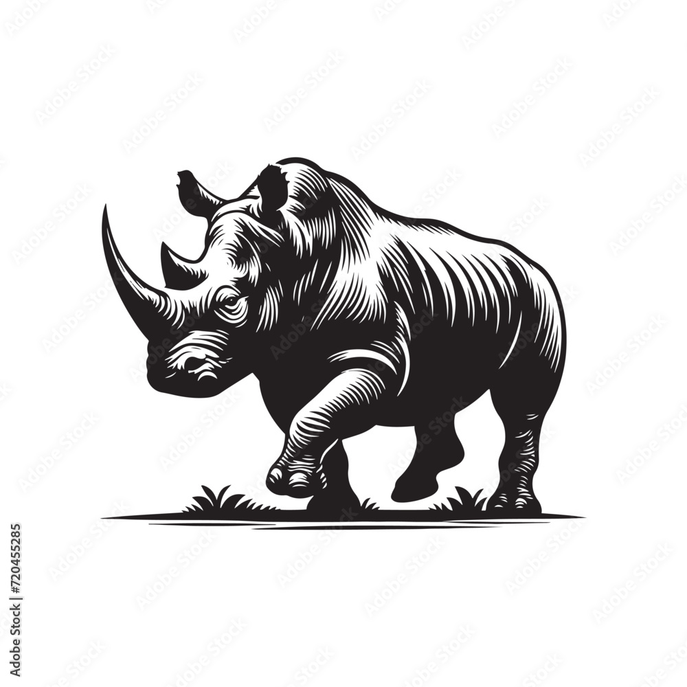 Obraz premium Silhouetted Elegance: Rhinoceros Silhouette Series Portraying the Graceful Stature of Wild Rhinos in Artistic Shadows - Rhino Silhouette Vector - Rhinoceros Illustration - Rhinoceros Vector 