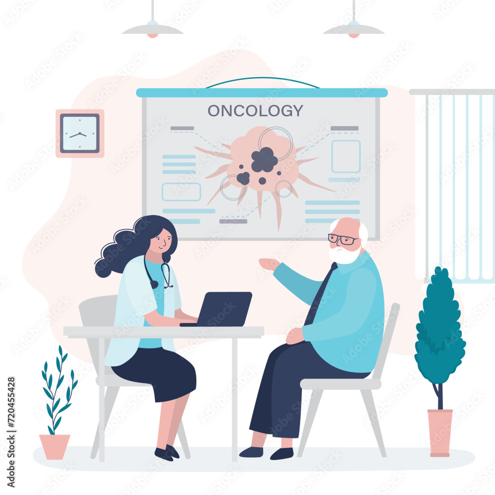 Doctor oncologist talking aged man about prevention cancer. Medical checkup and treatment. Doctor or nurse and patient in clinic office room. Healthcare,