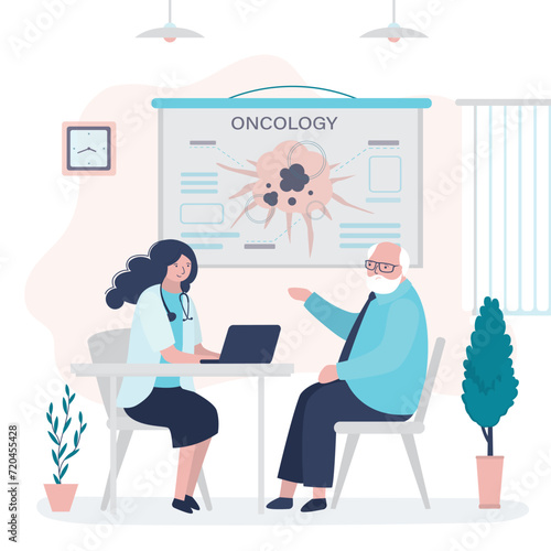 Doctor oncologist talking aged man about prevention cancer. Medical checkup and treatment. Doctor or nurse and patient in clinic office room. Healthcare,