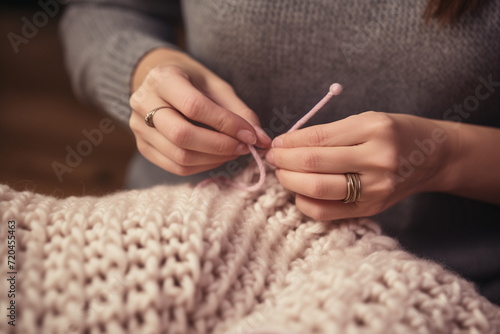 Close up view of woman's hands knitting woolen scarf.  photo