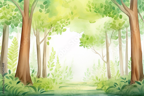 A cool shaded view under a canopy of trees in a dense forest   cartoon drawing  water color style