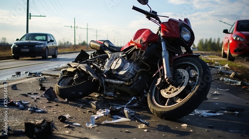 Close up of motorcycle accident on the road with injured rider and damaged vehicle in daylight