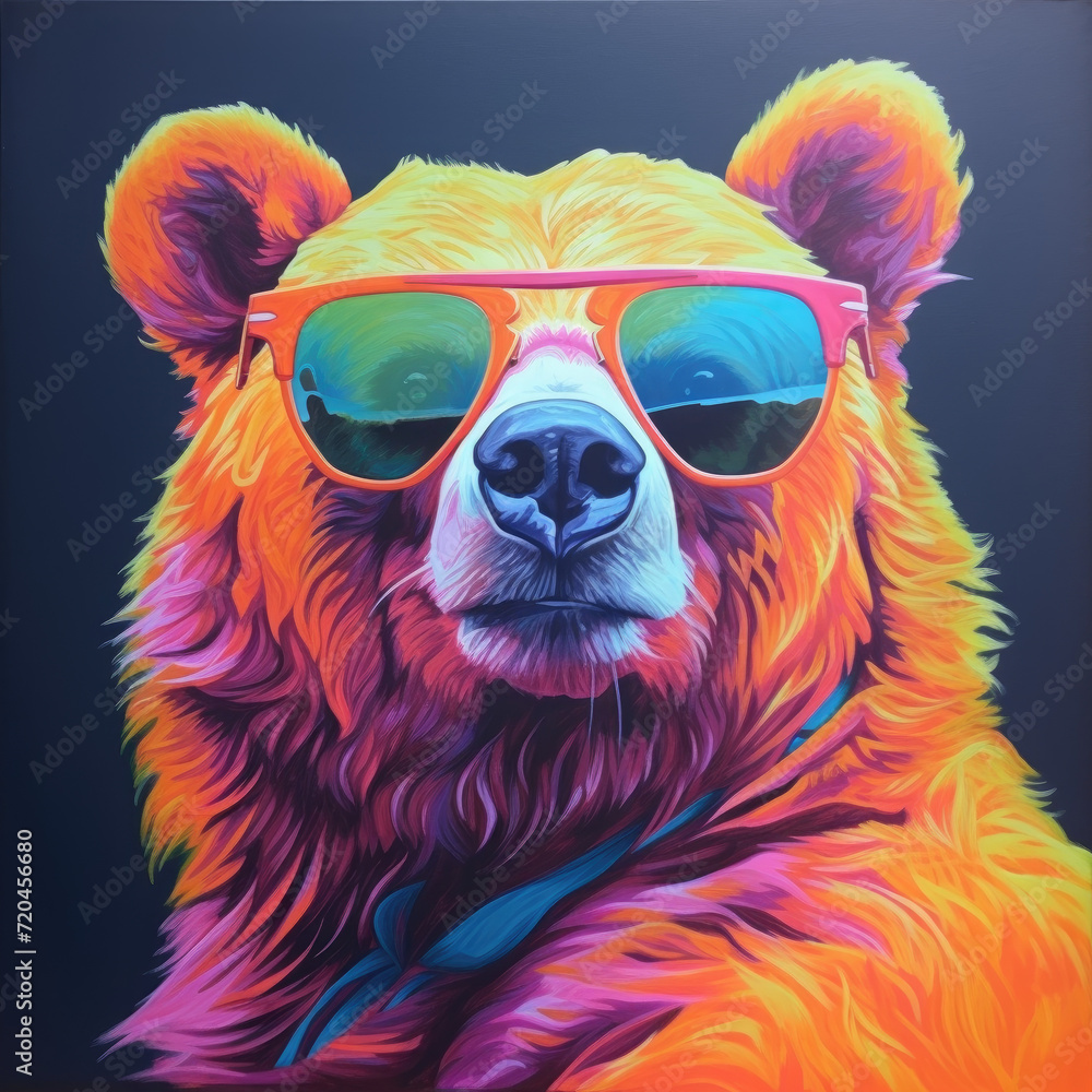 Bear in glasses with watercolor splashes in the style of pop art, сolorful, vivid