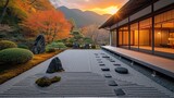 Japanese garden at sunset