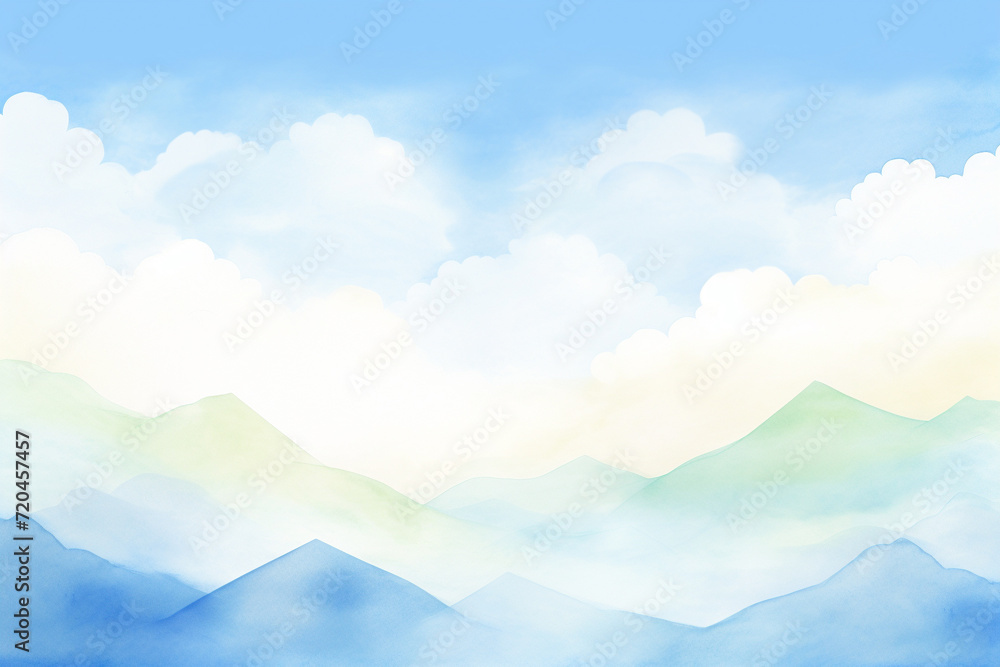 A panoramic view of mountains under a bright blue sky , cartoon drawing, water color style