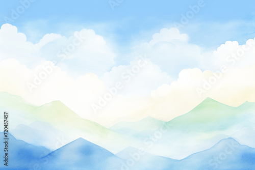 A panoramic view of mountains under a bright blue sky   cartoon drawing  water color style