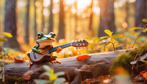A frog plays the guitar in the forest