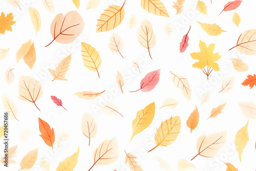 A pattern of fallen autumn leaves scattered randomly , cartoon drawing, water color style