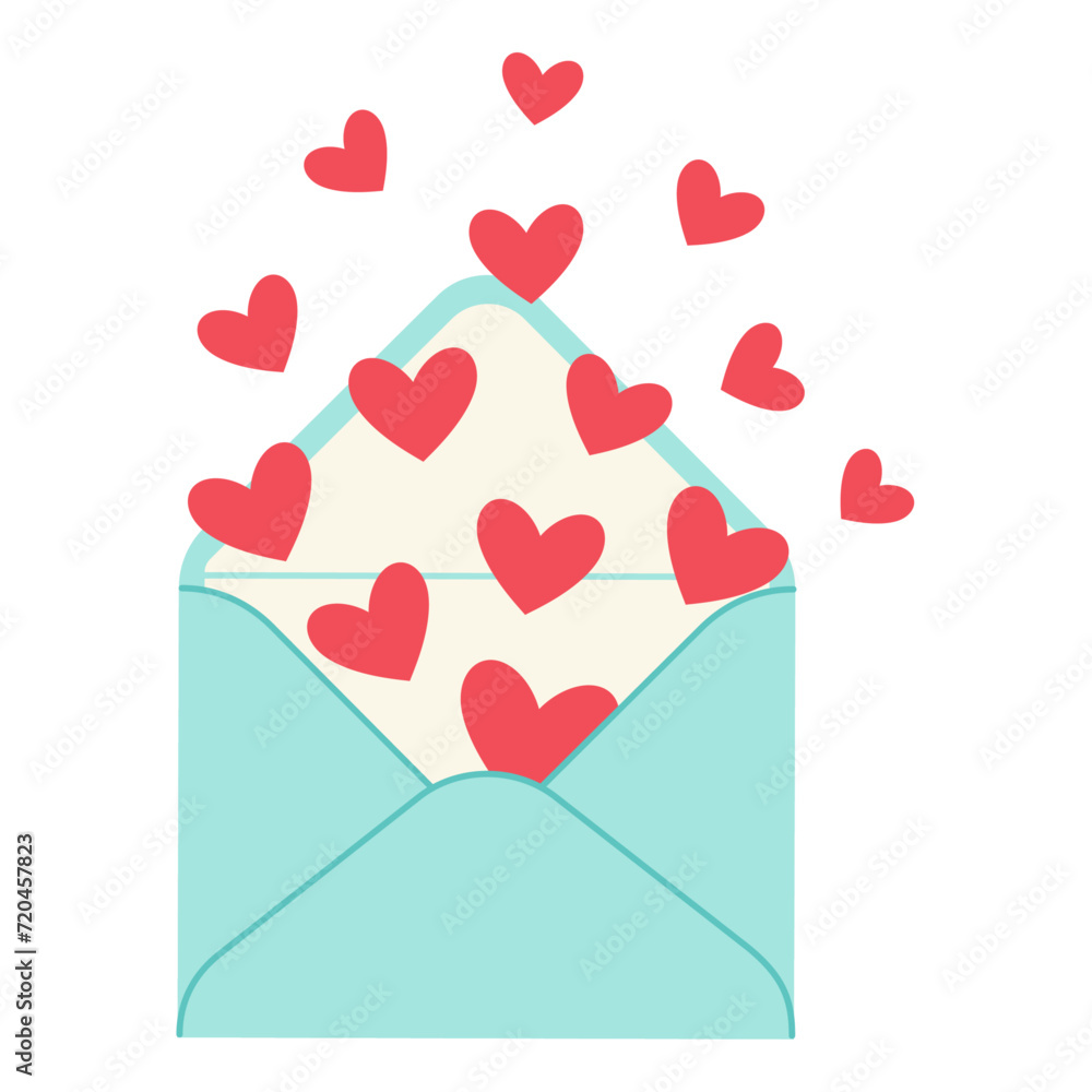 Valentine letter in envelope with flying hearts. Postal envelope, letter love message with flying hearts, isolated on white background. Happy Valentines Day. To my love. Vector illustration
