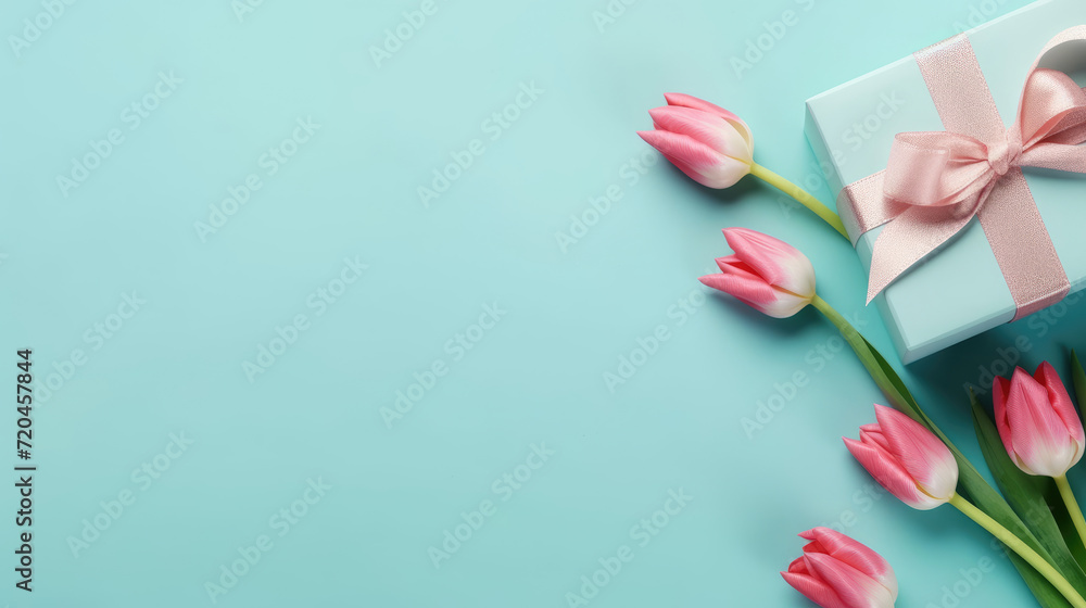 Fototapeta premium Mother's Day, Top View Photo of Bunch of Pink Tulips Bouquet and Blue Gift Box with Ribbon on Isolated Pastel Blue Background