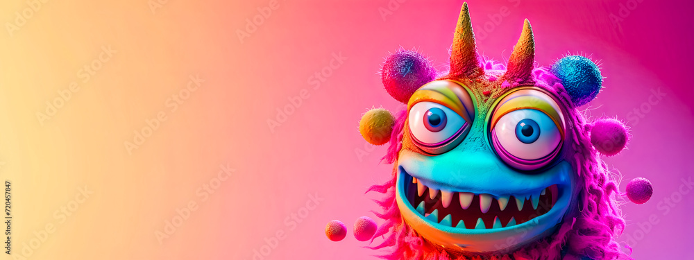 Naklejka premium fantastical creature with large eyes and colorful fur against a gradient pink and orange background, ideal for an imaginative and playful theme with copy space.