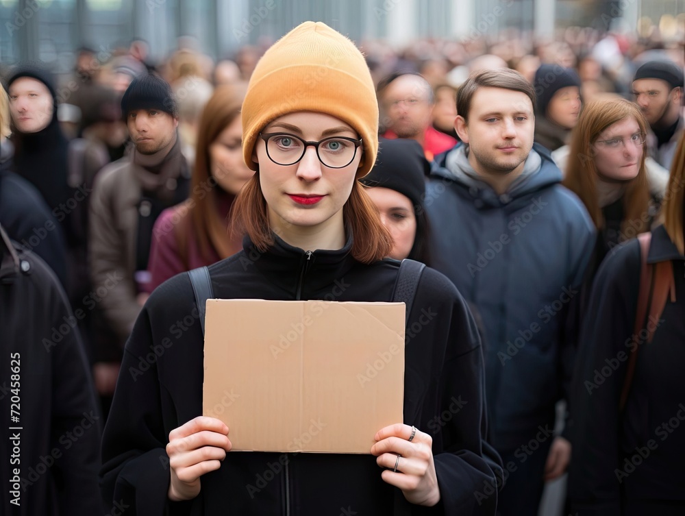 Woman Holding Cardboard Sign in Front of Crowded People at Protest Woman Holding Cardboard Sign in Front of Crowded People at Protest
