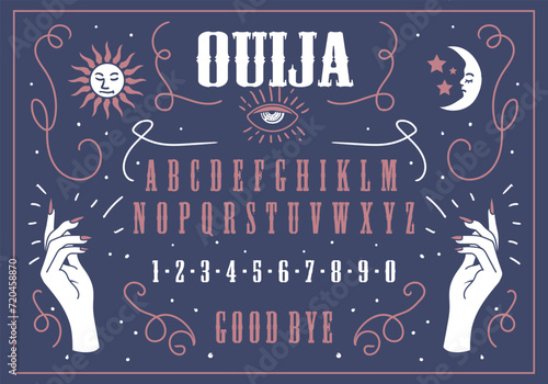 Ouija pentagram board blue colour. Halloween divination. Woman Hand and Long nails. Numbers and alphabet. Sun and moon. Retro poster design. Vector illustration. photo