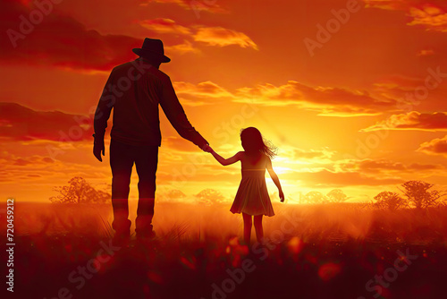 Silhouette of Father Holding Child Daughter's Hand at Evening Twilight Sunset with Dramatic Sky, Parent and Child Family Bonding, Care, and Friendship Concept with Flare Light Effect