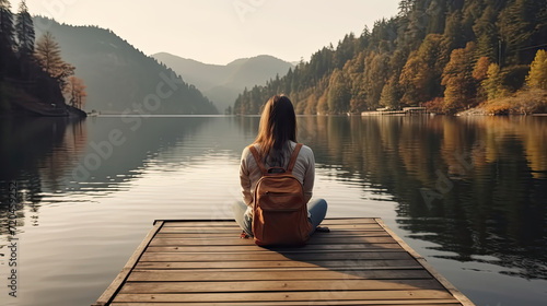 Young Woman Sitting on Deck, Looking to the River. Alone Female, Lonely Travel, Backpack Relaxation, Stunning Reflecting Lake with Beautiful Day, Nature Travel Concept © RBGallery