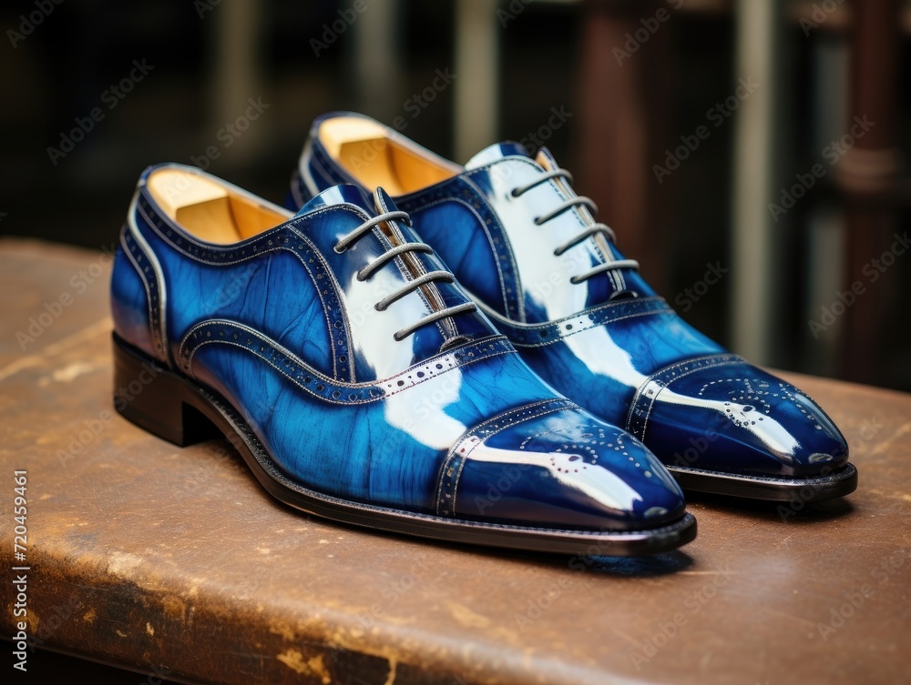 Blue Shoes Resting on Wooden Table Blue Shoes Resting on Wooden Table