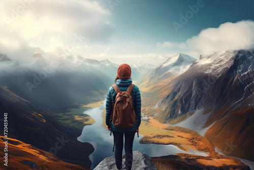Woman Standing at the Top of the Mountains. Back Side View, Looking Out at a Gorgeous Winter Landscape Hiking, Beautiful Background
