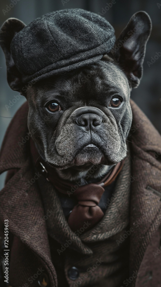 Classy French bulldog in vintage outfit