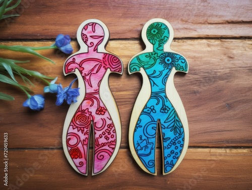 Pair of Wooden Cut Outs of a Woman and Man Standing Outdoors photo